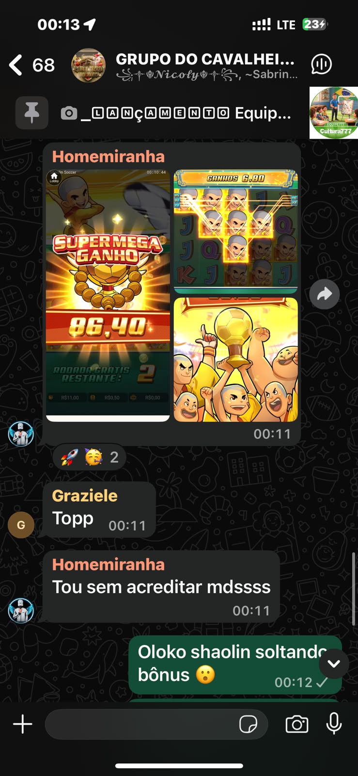 Print de conversa real do grupo Cavalheiro